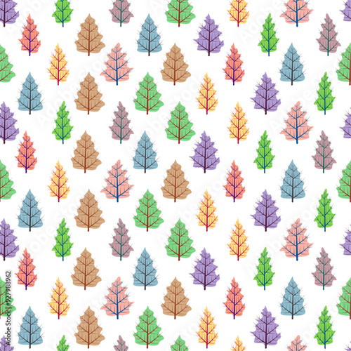Fir spruce trees seamless pattern on white background. Winter forest background of different pastel colors. Merry Christmas, New Year holiday design