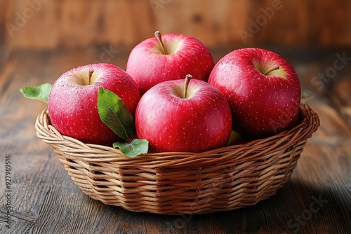 Fresh red apples in a wicker basket. Ideal for use in food and health related content.