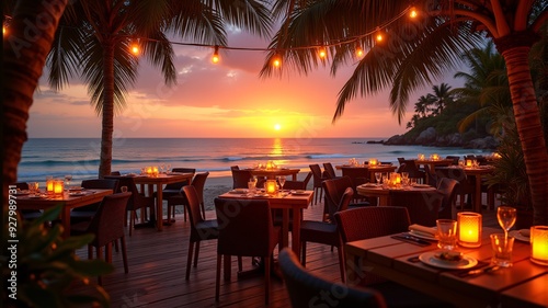 Wallpaper Mural Tropical summer sunset beach bar background. Outdoor restaurant, led light candles and wooden tables, chairs under beautiful sunset sky, sea view.  Torontodigital.ca