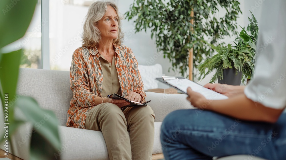 Counseling Session Woman Discussing on Sofa with Therapist Holding Clipboard, Observer in Jeans at Comfortable White Room Counseling Session Woman Discussing on Sofa with Therapist Holding Clipboard, Observer in Jeans at Comfortable White Room
