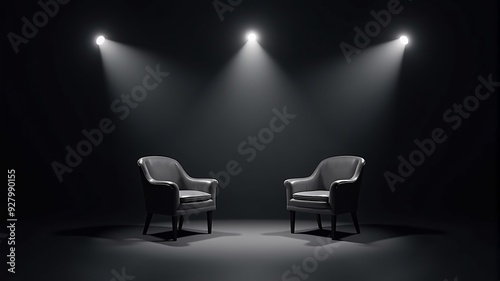 Two chairs and spotlights in podcast or interview room on dark background.