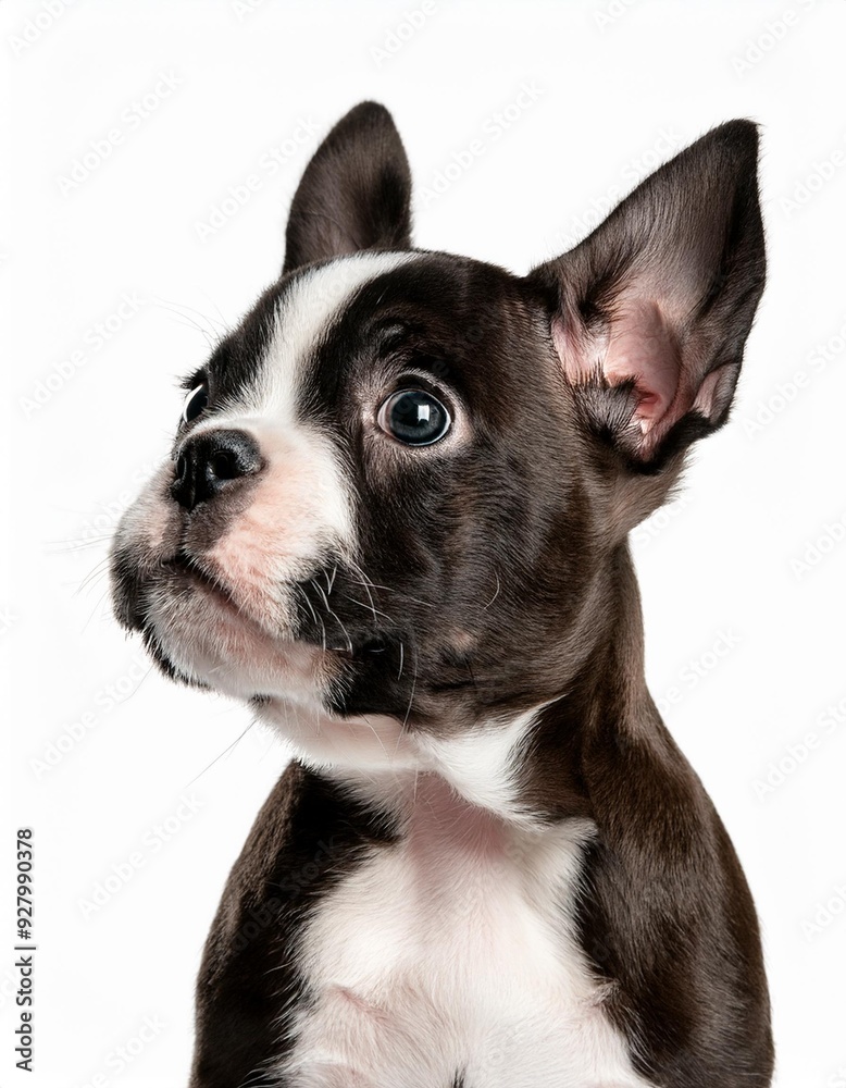 ボストン・テリアの子犬のポートレート（Boston Terrier puppy portrait on white background）
