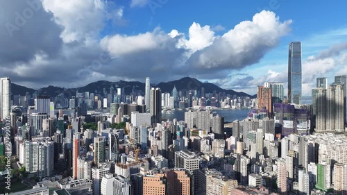 Aerial drone skyview of Hong Kong Kowloon Victoria Harbour downtown Tsim Sha Tsui Hung Hom Central Admiralty Wan Chai Causeway Bay CBD commercial financial business hub photo