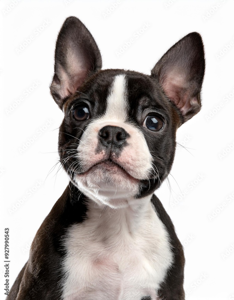 笑顔のボストン・テリアの子犬のポートレート(Portrait of a smiling Boston Terrier puppy on white background)
笑顔のボストン・テリアの子犬のポートレート(Portrait of a smiling Boston Terrier puppy on white background)