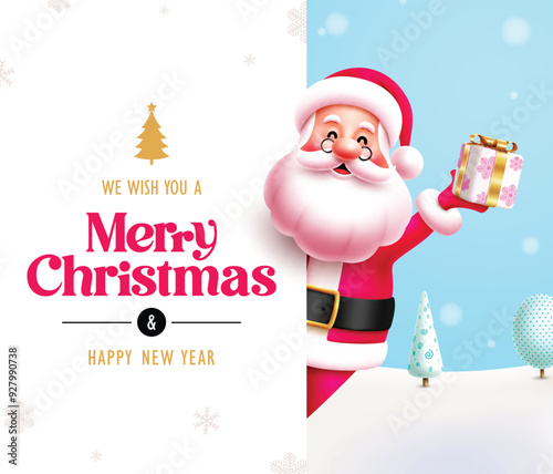 Merry christmas greeting vector template design. Christmas greeting text card with happy santa claus character holding gift box in holiday season winter background. Vector illustration wish list card 