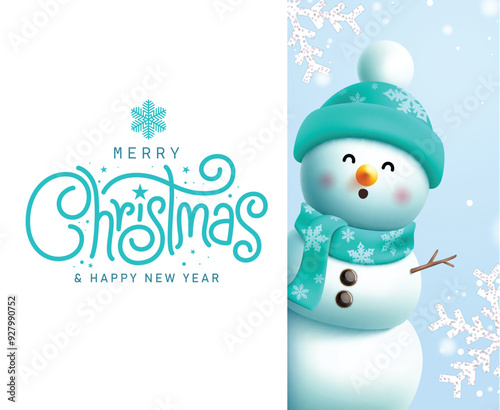 Merry christmas greeting vector template design. Christmas greeting text card for winter season with cute snowman character in cold glitter snowflakes background. Vector illustration present card 