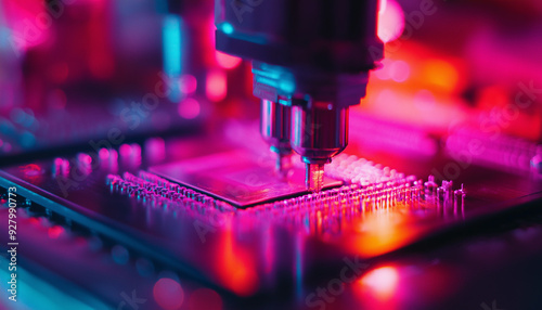 Close-up of Silicon Die are being Extracted from Semiconductor Wafer and Attached to Substrate by Pick and Place Machine. Computer Chip photo