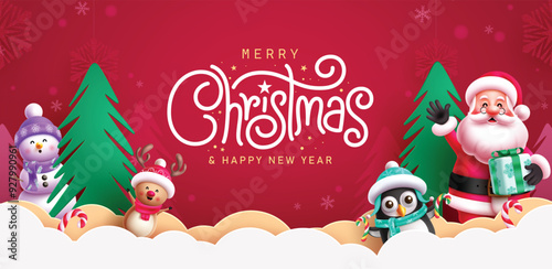 Merry christmas greetings vector banner design. Christmas greeting text with friendly santa claus, snowman, reindeer, penguin characters in paper cut clouds and pine tree elements red background. 
