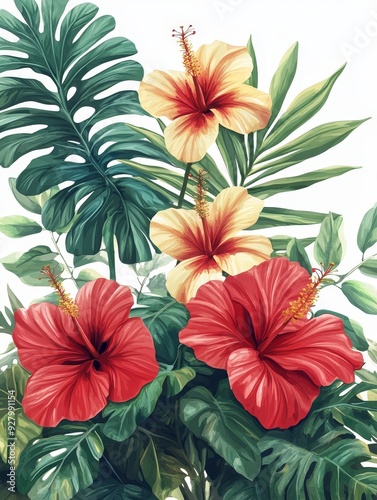Tropical Flower Arrangement with Green Leaves