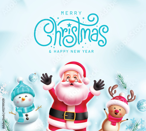 Christmas greeting card vector design. Merry christmas greeting text with waving santa claus, cute snowman and reindeer characters in cold snow winter background. Vector illustration seasonal 
