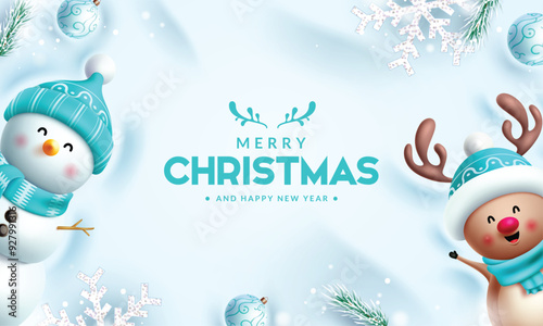Merry christmas greeting vector banner design. Christmas greeting text in snow winter background with cute snowman, happy reindeer characters and xmas elements. Vector illustration holiday season card