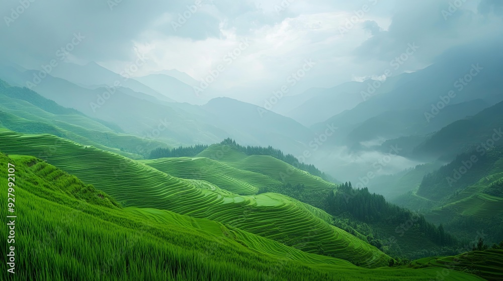 Obraz premium Minimalist Landscape Photography of Green Terraces and Hazy Mountains in the Distance, Captured in a Wide Angle for a Serene and Spacious Aesthetic