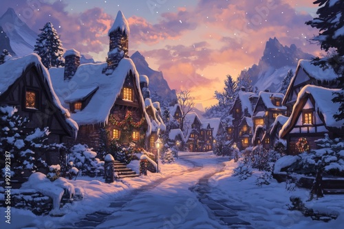 Enchanted Christmas Eve Snowy Village: A Cozy anime-style Winter Wonderland for Festive Season Celebrations and 2025 New Year Greetings,Anime-Style,illustration,Picture BooksFor Poster,Novel,UI,WEB,Ga