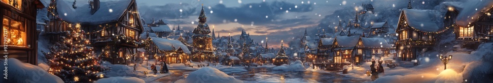 Naklejka premium Enchanted Christmas Eve Snowy Village: A Cozy anime-style Winter Wonderland for Festive Season Celebrations and 2025 New Year Greetings,Anime-Style,illustration,Picture BooksFor Poster,Novel,UI,WEB,Ga