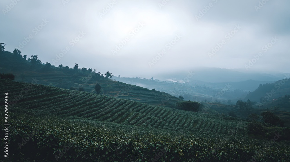 Fototapeta premium Minimalist Landscape Photography of Green Terraces and Hazy Mountains in the Distance, Captured in a Wide Angle for a Serene and Spacious Aesthetic