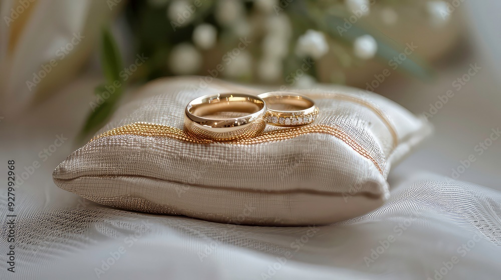 Two gold wedding bands lie on a small white satin pillow with gold trim, blurred white flowers in the background. Two gold wedding bands lie on a small white satin pillow with gold trim, blurred white flowers in the background.