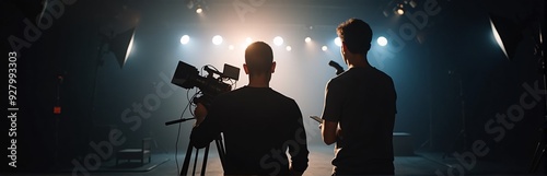 Ultrawide, Film crew, cinematographer and lighting technician, working with the director on a bustling studio set, capturing behind-the-scenes production at studios.