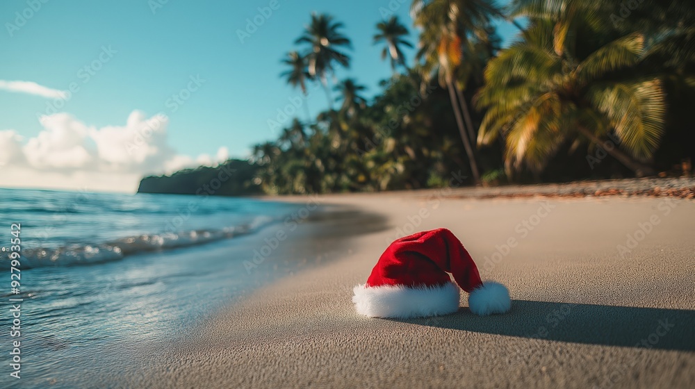 Holiday Spirit: Santa Hat on a Palm-Fringed Beach Holiday Spirit: Santa Hat on a Palm-Fringed Beach