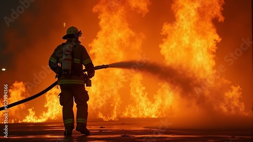 A courageous firefighter valiantly battles a raging inferno,
 wielding water and extinguisher as tools against the consuming flames, exemplifying the epitome of bravery and heroism. photo