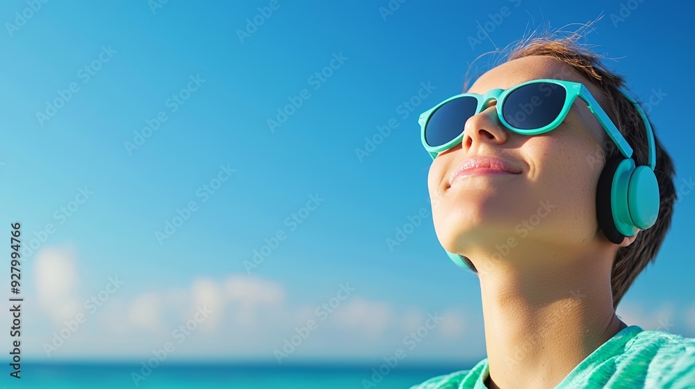 A carefree moment at the beach, enjoying music with headphones, wearing stylish sunglasses under a bright blue sky.