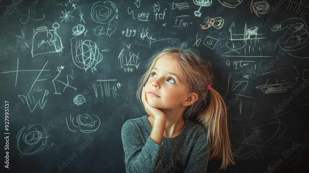 A thoughtful girl looks up while pondering ideas. Chalkboard filled with drawings and equations captures her curious mind.