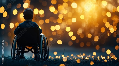 A child in a wheelchair gazes at beautiful bokeh lights, symbolizing hope and joy. A touching moment of inspiration and resilience.