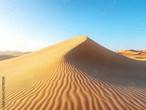 Expansive desert landscape with endless sand dunes illuminated by the warm glow of golden hour light that casts long dramatic shadows across the pristine wind shaped terrain