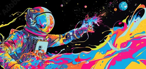 Fototapeta Naklejka Na Ścianę i Meble -  A colorful astronaut reaches into the cosmos, surrounded by vibrant paint splashes and celestial bodies, capturing the essence of creativity.