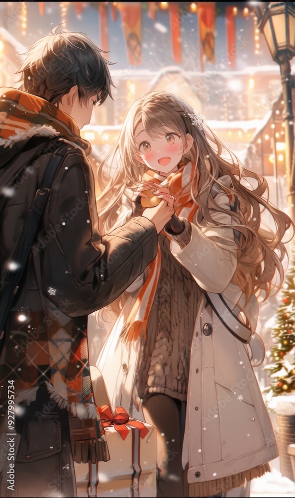 Obraz premium Romantic Snowy Christmas Night Proposal: Anime-Style Enchantment with a Gentleman Kneeling to Offer a Ring Amidst the Glittering Snowflakes and Festive Cheer.