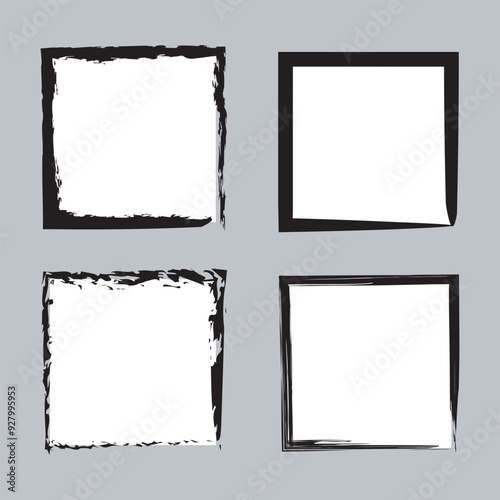 Vector colorful painting rectangle frame set, blank picture frame mockup, realistic frames for paintings, set of frame and black round ink stains, Lines and Drips Black ink splatters