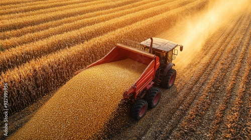 Tractor unloads corn into a field. This photo is ideal for agricultural themes, showcasing the harvest process.