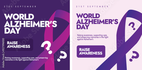 World Alzheimer's Day. 21st September Alzheimer's day awareness banners, posts template with purple ribbon, question mark. Theme for 2024 is Time to act on dementia, Time to act on Alzheimer's. 