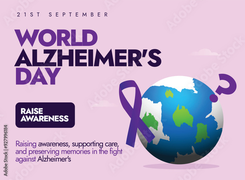 World Alzheimer's Day background. 21st September Alzheimer's day awareness banners, posts template with purple ribbon, earth globe. The day raise awareness about Alzheimer's disease.