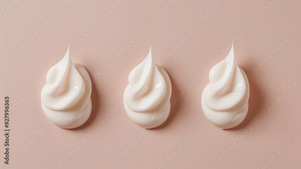 Three dollops of white cream arranged in a row on a beige background. Three dollops of white cream arranged in a row on a beige background.