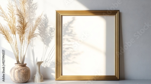 Gold picture frame on white background