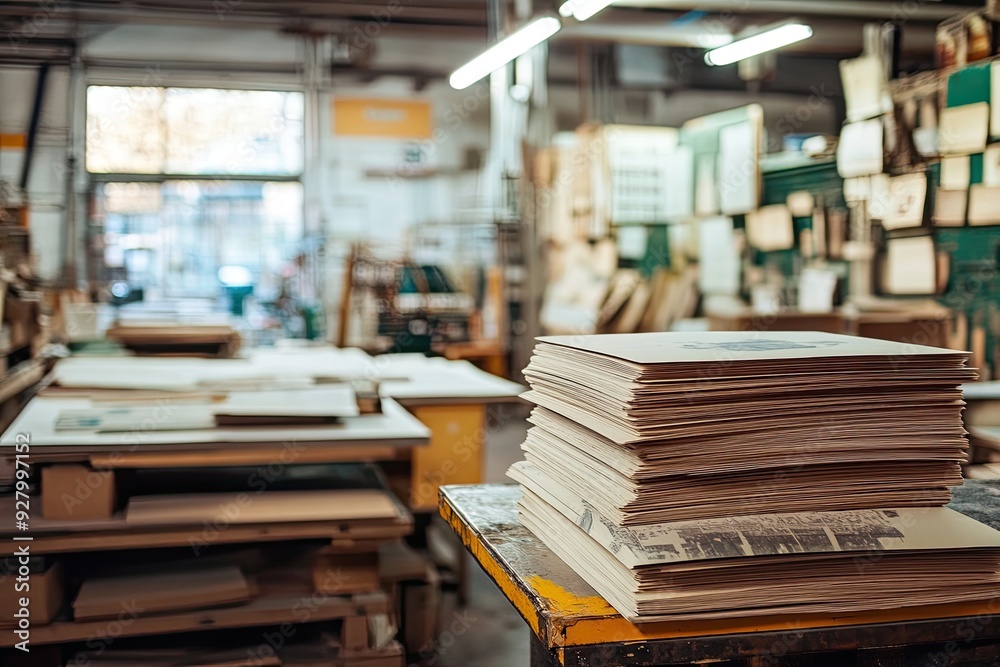 Stack of wood sheets in a workshop. This image can be used for concepts related to manufacturing, carpentry, and construction. Stack of wood sheets in a workshop. This image can be used for concepts related to manufacturing, carpentry, and construction.