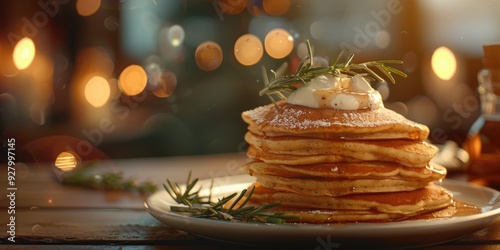 Stack of Wheat Flour Pancakes Topped with Sour Cream Perfect for Indulging