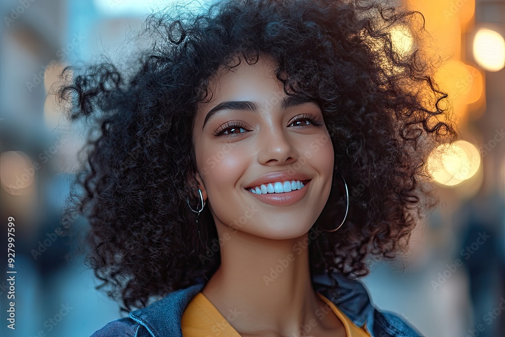 Smiling woman with curly hair. Perfect for articles about beauty, confidence, or happiness.