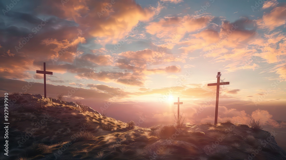 Obraz premium A silhouette of three crosses standing on a hilltop against a dramatic sunset sky, with the sun shining brightly in the distance.