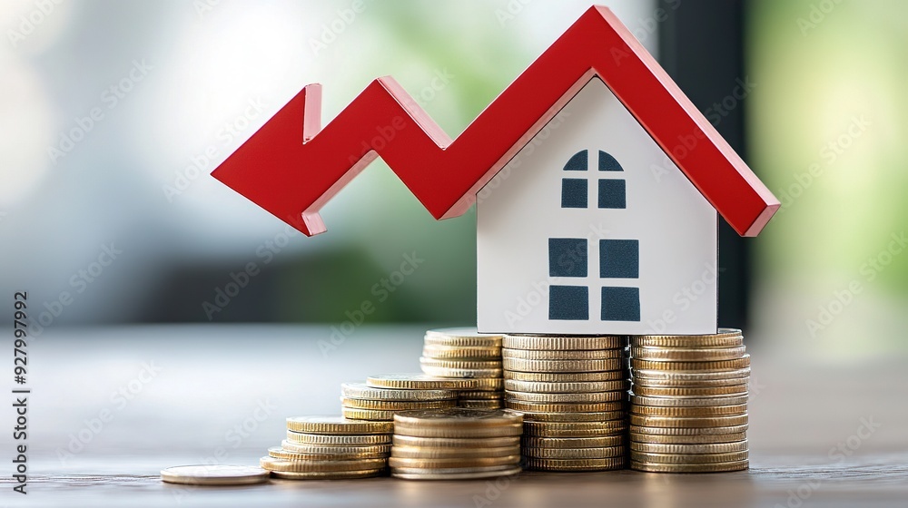 Soaring Property Values: A Modern House Elevated on a Coin Stack, Surrounded by an Upward-Shooting Arrow - Symbolizing Growth, Investment, and Financial Success. Soaring Property Values: A Modern House Elevated on a Coin Stack, Surrounded by an Upward-Shooting Arrow - Symbolizing Growth, Investment, and Financial Success.
