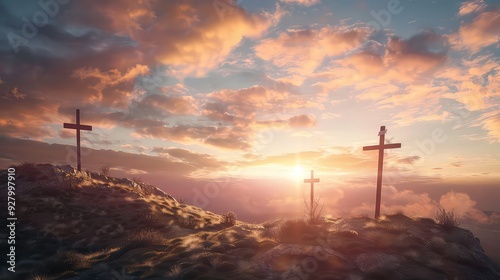 A silhouette of three crosses standing on a hilltop against a dramatic sunset sky, with the sun shining brightly in the distance.