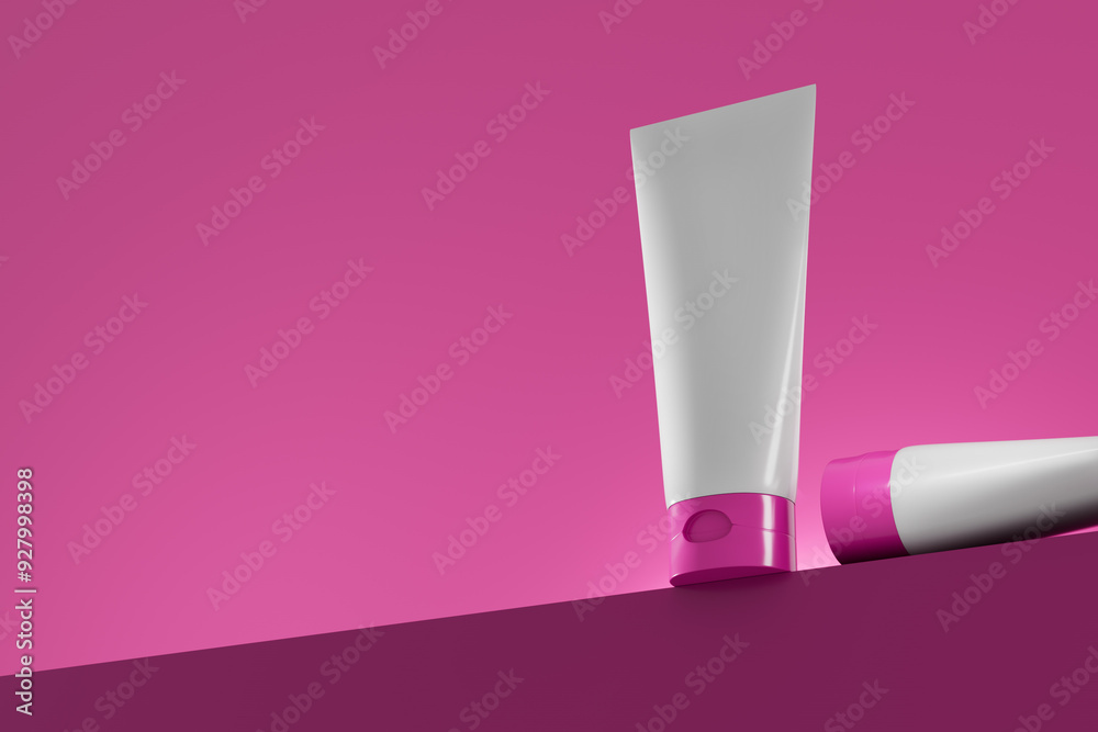  blank white bottle plastic tube on a pink background.
Cosmetic product branding mockup.