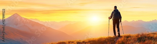 A hiker stands on a mountain peak, gazing at a breathtaking sunset, surrounded by nature's tranquility and beauty.