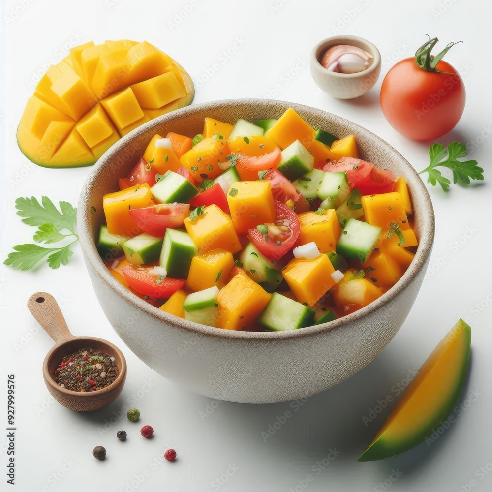 Bowl of mango salsa isolated on white background Bowl of mango salsa isolated on white background