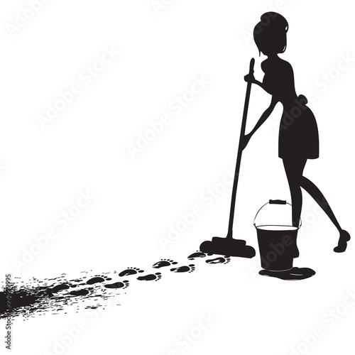 Woman cleans dirty footprints