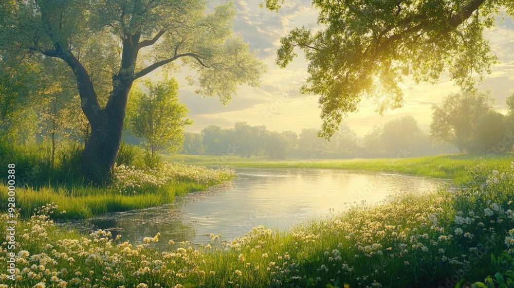 Serene river scene with a lush meadow. Perfect for a peaceful, nature-inspired design, illustrating tranquility and natural beauty. Serene river scene with a lush meadow. Perfect for a peaceful, nature-inspired design, illustrating tranquility and natural beauty.