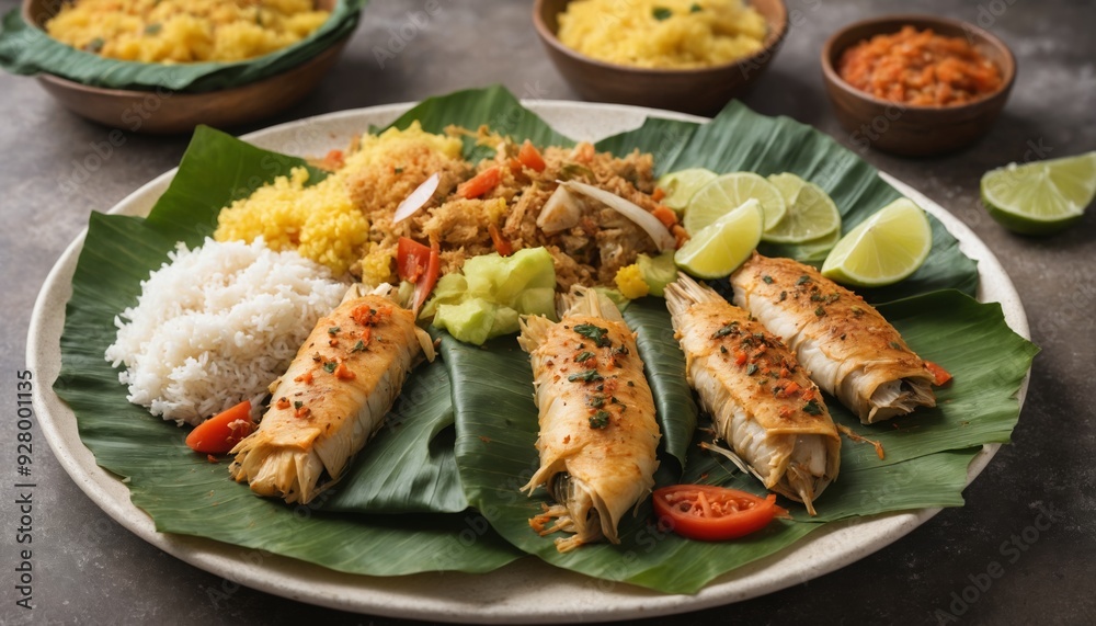 A tropical feast of grilled fish, rice, and lime on banana leaf