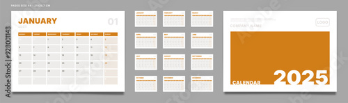 Set of 2025 Calendar Planner Template Pages Monthly, Cover with Place for Photo and Company Logo. Vector layout of a wall or desk calendar with week start Monday for printing. Page size A4-21x29.7cm