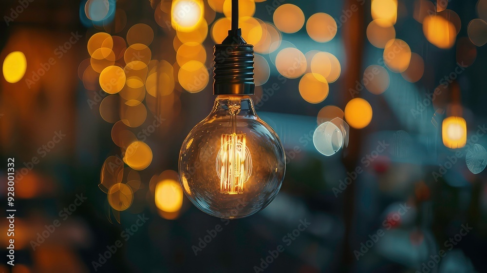 A single incandescent light bulb hangs in the center of the image, its filament glowing brightly. The background is blurred, creating a warm, inviting ambiance. A single incandescent light bulb hangs in the center of the image, its filament glowing brightly. The background is blurred, creating a warm, inviting ambiance.