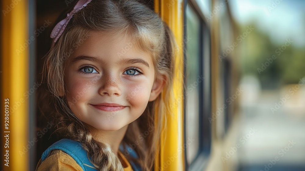 Girl with backpack near yellow school bus. Transport for students Girl with backpack near yellow school bus. Transport for students